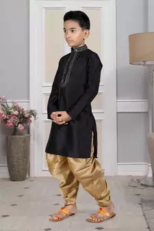 Black embroidered art silk boys-dhoti-kurta