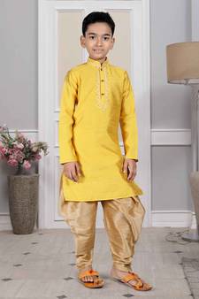 Yellow embroidered art silk boys-dhoti-kurta