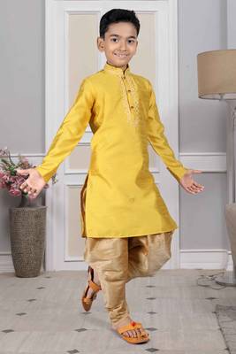 Yellow embroidered art silk boys-dhoti-kurta 2