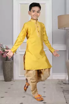 Yellow embroidered art silk boys-dhoti-kurta