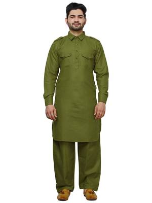 Green Pathani Cotton Kurta Pajama Set For Mens 1
