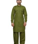 Green Pathani Cotton Kurta Pajama Set For Mens