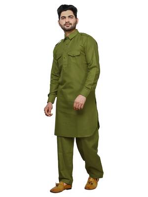 Green Pathani Cotton Kurta Pajama Set For Mens 2