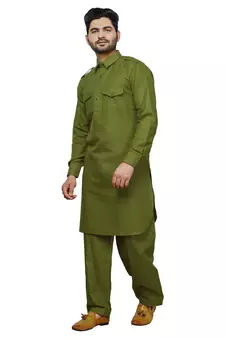 Green Pathani Cotton Kurta Pajama Set For Mens