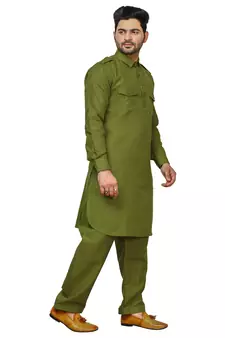 Green Pathani Cotton Kurta Pajama Set For Mens