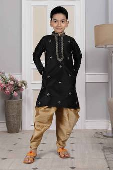 Black embroidered art silk boys-dhoti-kurta