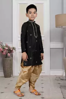 Black embroidered art silk boys-dhoti-kurta
