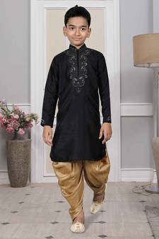 Black embroidered art silk boys-dhoti-kurta