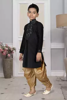 Black embroidered art silk boys-dhoti-kurta