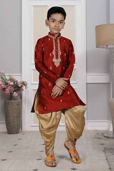 Maroon embroidered art silk boys-dhoti-kurta