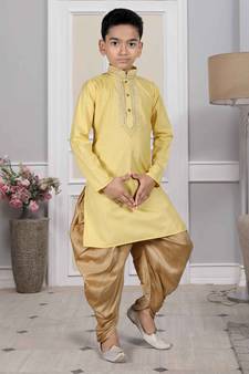 Yellow embroidered cotton boys-dhoti-kurta