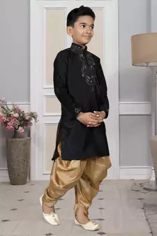 Black embroidered art silk boys-dhoti-kurta