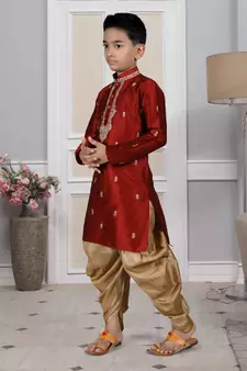 Maroon embroidered art silk boys-dhoti-kurta