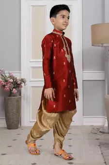 Maroon embroidered art silk boys-dhoti-kurta