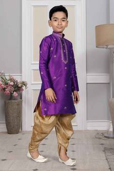 Purple embroidered art silk boys-dhoti-kurta