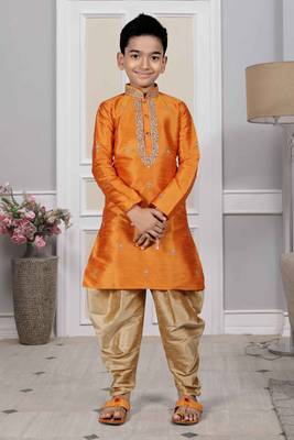 Orange embroidered art silk boys-dhoti-kurta 1