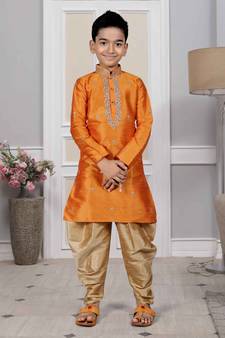 Orange embroidered art silk boys-dhoti-kurta