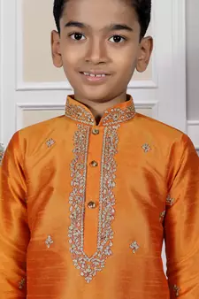 Orange embroidered art silk boys-dhoti-kurta