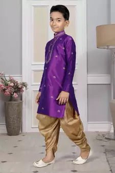 Purple embroidered art silk boys-dhoti-kurta