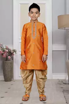 Orange embroidered art silk boys-dhoti-kurta
