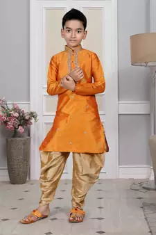 Orange embroidered art silk boys-dhoti-kurta