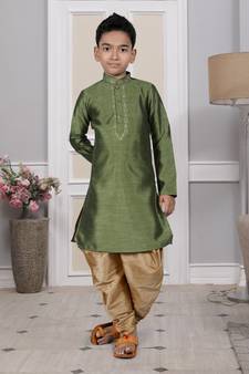 Green embroidered art silk boys-dhoti-kurta