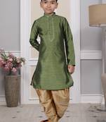 Green embroidered art silk boys-dhoti-kurta