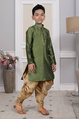 Green embroidered art silk boys-dhoti-kurta 2