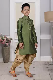 Green embroidered art silk boys-dhoti-kurta