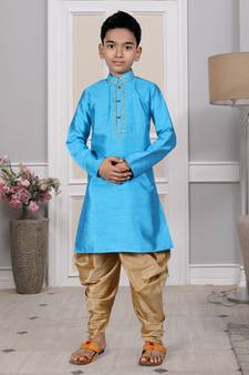 Blue embroidered art silk boys-dhoti-kurta