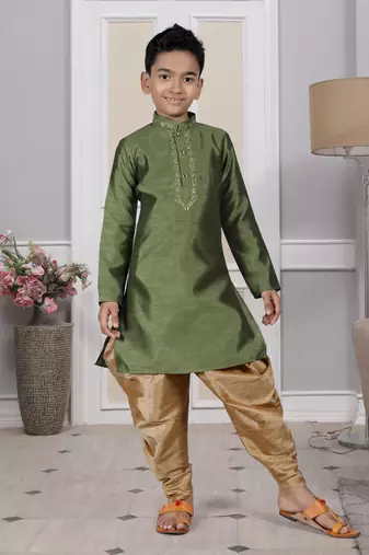 Green embroidered art silk boys-dhoti-kurta