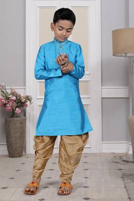 Blue embroidered art silk boys-dhoti-kurta 3