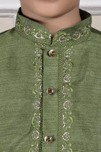Green embroidered art silk boys-dhoti-kurta