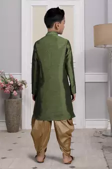 Green embroidered art silk boys-dhoti-kurta
