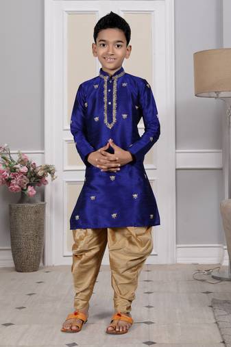 Blue embroidered art silk boys-dhoti-kurta
