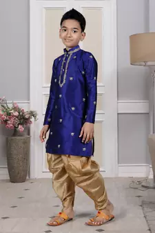 Blue embroidered art silk boys-dhoti-kurta