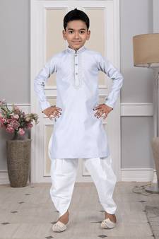 Grey embroidered cotton boys-dhoti-kurta