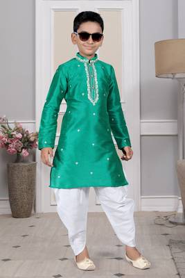 Green embroidered art silk boys-dhoti-kurta 1