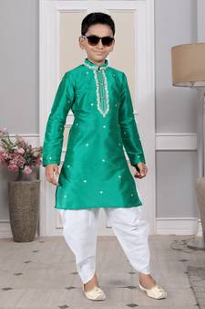 Green embroidered art silk boys-dhoti-kurta