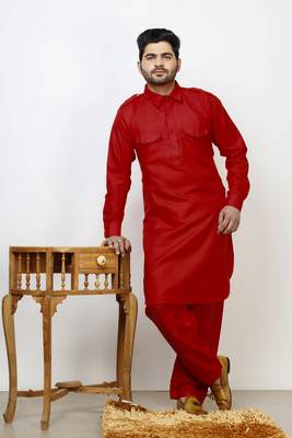 Red Pathani Cotton Kurta Pajama Set For Mens 1