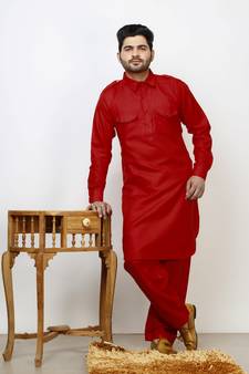Red Pathani Cotton Kurta Pajama Set For Mens