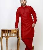 Red Pathani Cotton Kurta Pajama Set For Mens