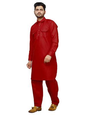 Red Pathani Cotton Kurta Pajama Set For Mens 2