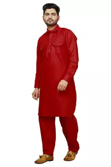 Red Pathani Cotton Kurta Pajama Set For Mens