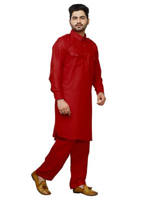 Red Pathani Cotton Kurta Pajama Set For Mens 3