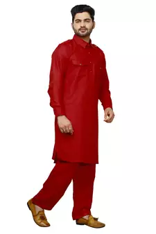 Red Pathani Cotton Kurta Pajama Set For Mens