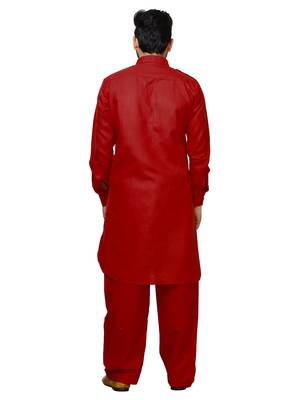Red Pathani Cotton Kurta Pajama Set For Mens 5