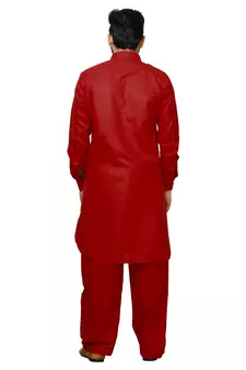Red Pathani Cotton Kurta Pajama Set For Mens