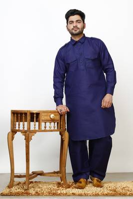 Navy Blue Pathani Cotton Kurta Pajama Set For Mens 1