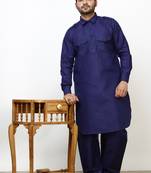 Navy Blue Pathani Cotton Kurta Pajama Set For Mens